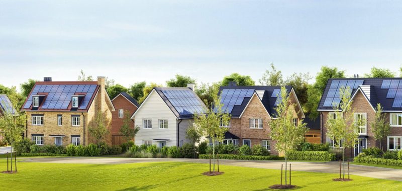 Beautiful new homes with solar panels on the roof
